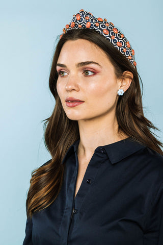 Embellished Stone Navy Jacquard Knot Headband