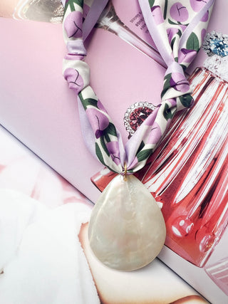 Scarf Necklace Lavender Floral Pearl Tear Drop