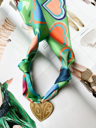 Scarf Necklace Green Multi Heart Love Heart